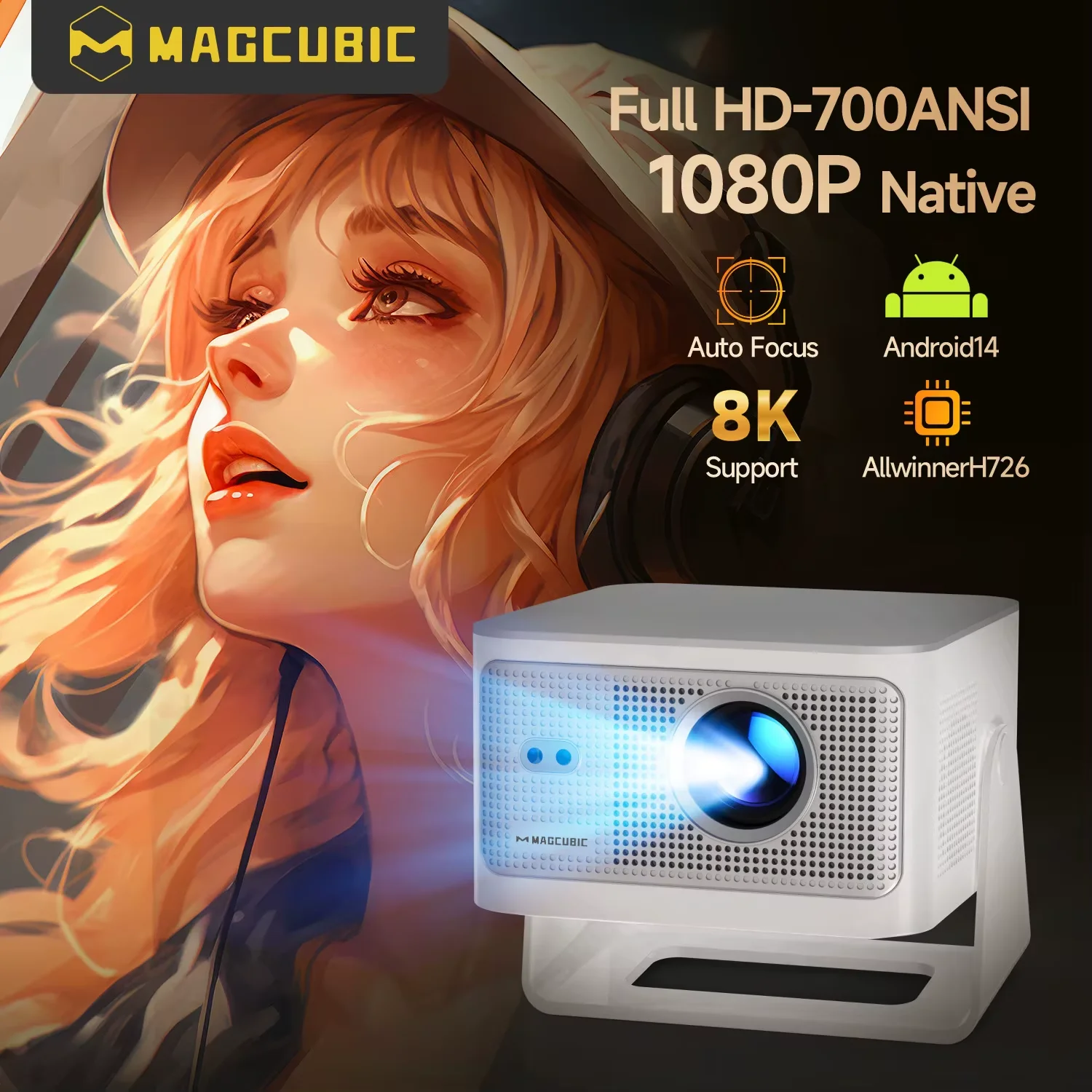 Magcubic 오토 포커스 안드로이드14 4K 프로젝터 900ANSI 8K 네이티브 1080P HY350Max 와이파이6 BT5.4 16G 올위너 H726 휴대용 야외용