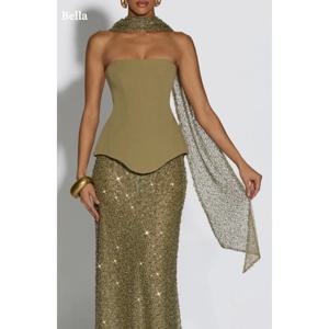 벨라 맞춤형 그린 스팽글 롱 실크 스카프 이브닝 드레스 투피스 세트 스트랩리스 파티 드레스 A라인 프롬 드레스 2025