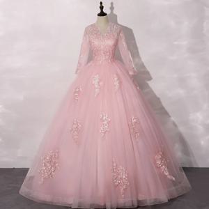 우아한 기품, 화려한 웨딩드레스 2026 신상, 핑크 브이넥 레이스 무대 솔로, 풍성한 거즈 성인 공연 의상