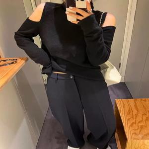 하이웨이스트 와이드 레그 수트 팬츠 여성용 인디고 드레이핑 스트레이트 컷 트라우저 봄 여름 패션 출퇴근 스타일 롱 팬츠