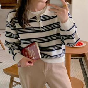 한국식 스트라이프 폴로 칼라 루즈핏 여성 니트 스웨터 가을 겨울 패션 아우터웨어 편안한 핏 긴팔 크루넥