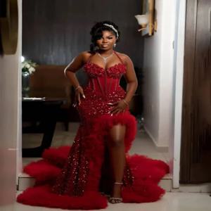 반짝이는 글리터 레드 롱 프롬 드레스 머메이드 비즈 장식 홀터 러플 하이 슬릿 이브닝 가운 생일 파티 갈라 드레스 맞춤 제작