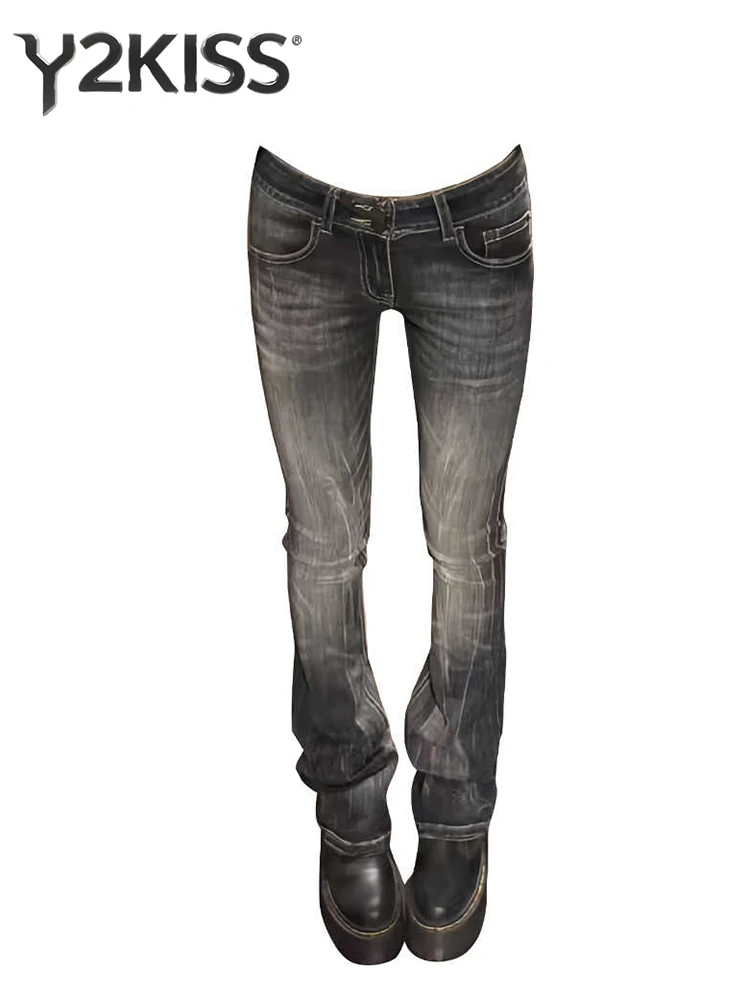 여성용 로우 라이즈 청바지 플레어 데님 팬츠 블랙 아메리칸 레트로 부츠컷 청바지 한국 스키니 Y2K 일본 벨 바텀 청바지 Y2K