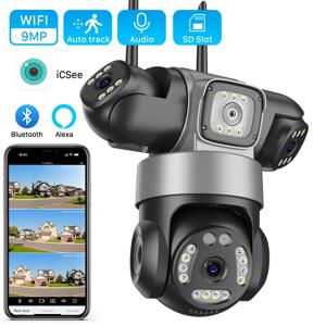 ICsee 무선 PTZ IP 카메라 8K 15MP 3렌즈 3화면 9MP 4K 양방향 오디오 WiFi 실외 CCTV 보안 감시 카메라