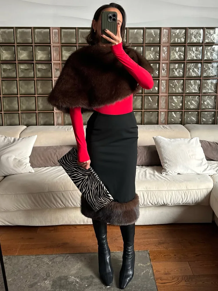 토시 엘레강트 여성 퍼 페더 맥시 스커트 아웃핏 럭셔리 루즈 패치워크 패션 커버업 탑과 롱 스커트 여성 세트 신상품