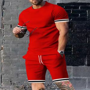 유럽과 미국 남성 여름 남성 루즈 세트 반팔 반바지 스포츠 캐주얼 라운드 넥 투피스 세트 남성 S-3XL