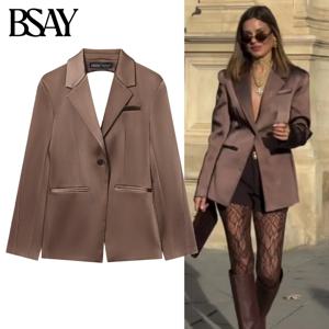 BSAY 백리스 새틴 텍스처 블레이저 여성 패션 가을 겨울 백홀로우 디자인 긴 소매 싱글 버클 수트 재킷 코트