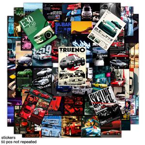 50개 JDM 레트로핏 레이싱카 그래피티 스티커 (노트북, 스케이트보드, 여행가방, 기타, 자전거용 방수 데칼)