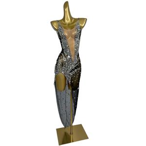 두이샹 우아한 여성용 멜빵 드레스 실버 라인스톤 섹시 시스루 메쉬 언밸런스 드레스 바 무대 공연 드레스