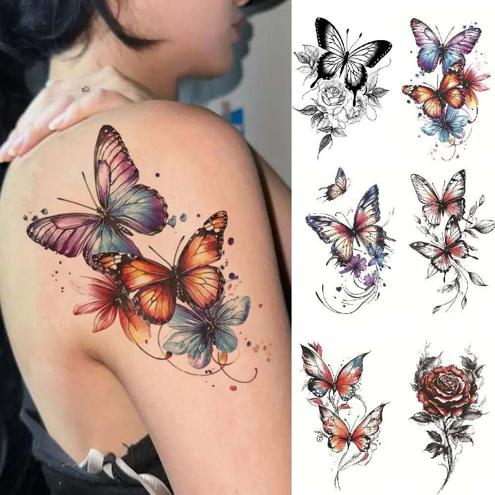 꽃무늬 방수 임시 타투 스티커 화려한 나비 장미 꽃 바디 아트 팔 가짜 타투 슬리브 여성 남성 손 허벅지