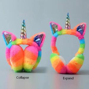 레인보우 유니콘 플러시 귀마개, 접이식, 따뜻하고 휴대 가능, 귀엽고 여성스러운, 가을과 겨울 동결 방지 및 방한 귀마개, 휴일 선물
