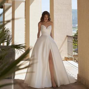 심플한 웨딩 드레스 V-넥 새틴 긴 신부 원피스, 사이드 스플릿 섹시 스윕 트레인 A 라인 우아한 파티 가운 EBG98008