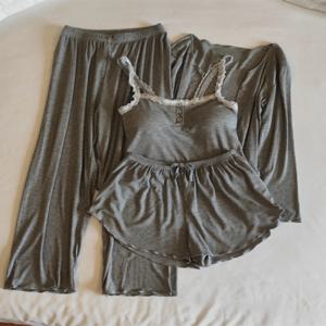 섹시한 순면 모달 잠옷 여성용 홈웨어 세트 V넥 민소매 롱 팬츠 가슴 패드 포함 4종 세트