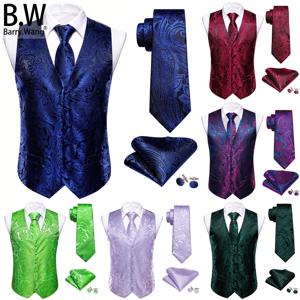 Barry.Wang 실크 남성 조끼 자카드 그린 블루 레드 골드 핑크 양복 조끼 넥타이 Hanky ​​커프스 단추 세트 웨딩 비즈니스 민소매 자켓