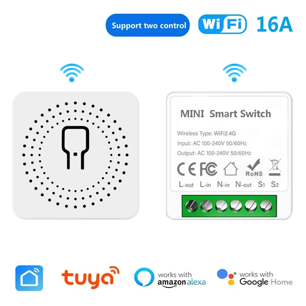 16A 미니 스마트 스위치 Wifi DIY 조명 스위치 모듈 2 웨이 제어, 스마트 홈 범용 모듈은 Tuya Alexa Google 홈과 함께 작동합니다.