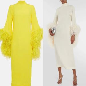 맞춤형 이브닝 저지, 깃털 드레이프, 웨딩 파티, A 라인 하이 칼라, 맞춤형 가운, 사우디 아라비아 미디 드레스