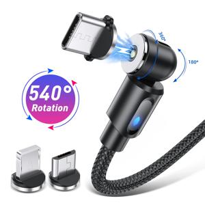 마그네틱 케이블 유형 C 마이크로 USB 케이블 전화 충전기 iPhone Xiaomi Huawei Samsung 용 LED가있는 540도 회전 데이터 케이블