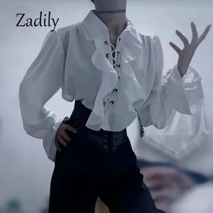 우지 여성용 빅토리아 고딕 블라우스 러플 레이스업 셔츠 긴팔 빈티지 르네상스 스타일 탑 코스프레 의상 파티웨어