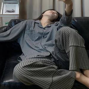 여성 잠옷 긴팔 스트라이프 루즈핏 홈웨어 세트 봄 가을 신상 일본풍 INS 하이센세이션 심플 홈슈트