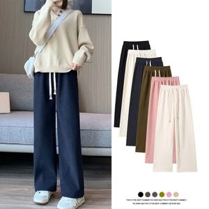 여성 넓은 다리 코듀로이 바지 가을 겨울 여성 기본 탄성 허리 Stright 긴 바지 캐주얼 여성 긴 바지 바지