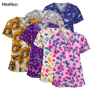 도매 스크럽 상의 병원 유니폼 통기성 치과 클리닉 의료 프린트 여성 간호사 스크럽 수술복 여성 남성