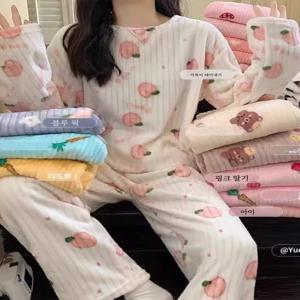 사랑스러운 달콤한 산호 양털 두꺼운 가을 겨울 잠옷 여성 캐주얼 홈 의류 세트 긴 바지 편안한 레저 복장