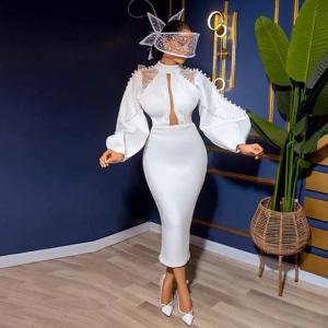 맞춤형 사우디아라비아 미디 웨딩 드레스 저지 쉬스 웨딩 파티 드레스 화이트 하이 칼라 진주 레이스 홀 웨딩 드레스