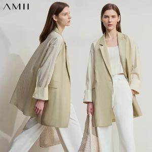 아미 미니멀리스트 여성 패션 캐주얼 재킷 2025 가을 리오셀 린넨 배색 스플라이싱 주름 질감 루즈 블레이저 12551008
