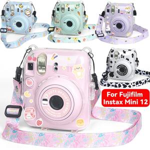 Fujifilm Instax Mini 12 투명 카메라 케이스 보호용 운반 가방 커버, 어깨 끈 보관 가방, 귀여운 스티커 포함
