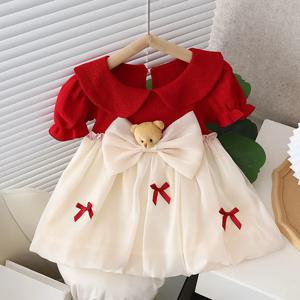 여름 아기 소녀 드레스 퍼프 슬리브 생일 의상 인형 칼라 귀여운 공주 드레스 아이 소녀 옷 활 곰 아이 스커트 A1349