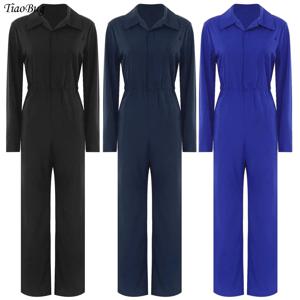 여성 캐주얼 점프 슈트 작업복 솔리드 컬러 긴 소매 턴 다운 칼라 버튼 플랩 Romper 패션 작업 여행 휴가 Homewear