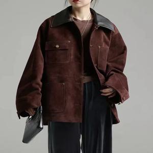 여성을위한 레트로 턴 다운 칼라 양 스웨이드 가죽 자켓 2024 트렌디 소프트 키드 스웨이드 미디엄 롱 아웃웨어 여성 트렌치 코트