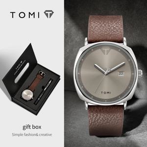 TOMI 새로운 2PCS 럭셔리 비즈니스 남자 시계 선물 상자 세트 간단하고 캐주얼 남자 달력 쿼츠 시계 펜 Reloj 남자 휴일 선물