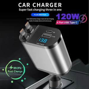 4 in 1 차량용 휴대폰 충전기 120W USB C 고속 충전 (아이폰, 화웨이, 삼성용) 차량용 고속 충전 케이블 시거잭 어댑터