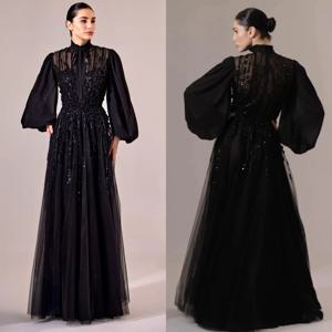 맞춤형 절묘한 그물 스팽글 주름 A 라인 높은 칼라 긴 드레스 맞춤형 행사 복잡한 중국 스타일