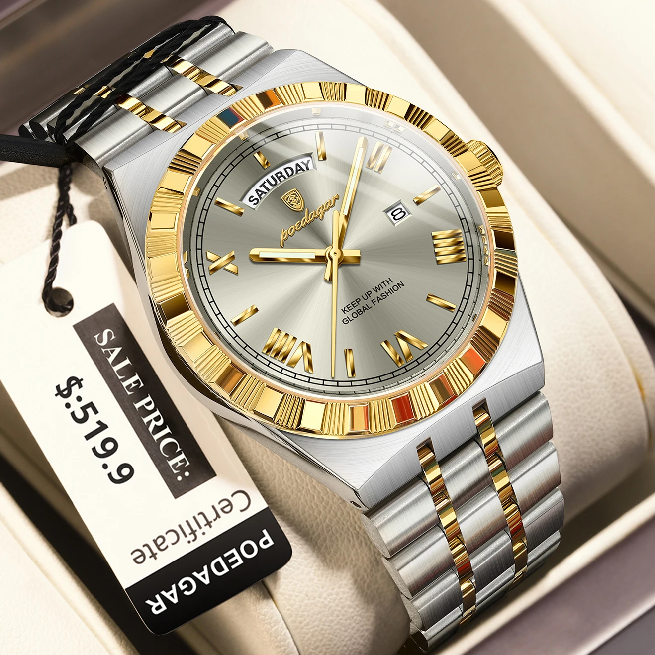 포에다가 명품 비즈니스 남성용 시계 주간 날짜 방수 야광 시계 남성용 스테인리스 스틸 쿼츠 남성 패션 손목시계