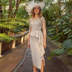 맞춤형 웨딩 게스트 웨딩 파티 드레스 시스/컬럼 신부 어머니 드레스 그레이 O넥 레이스 러플 칵테일 가운