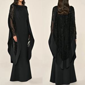 맞춤 제작 클래식 고품질 저지 라인스톤 비딩 스팽글 드레이핑 스트레이트 O넥 롱 드레스 맞춤 행사 드레스