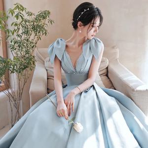 우아한 새틴 이브닝 가운 여성용 백리스 생일 예술 시험 사회자 슬리밍 드레스 롱 프린세스 스커트 스타일 웨딩 파티 드레스