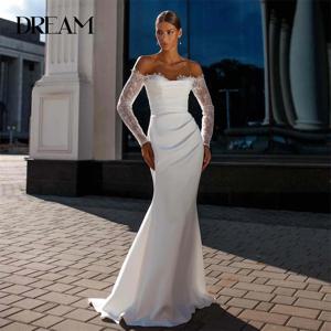 드림 레이스 롱 슬리브 스위트하트 머메이드 웨딩드레스 플리츠 오픈 백 오프숄더 브라이덜 가운 베스티도 데 노비아 맞춤 제작