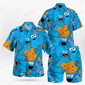 디즈니 하라주쿠 애니메이션 3D 엘모 남성 셔츠 세트 하와이 남성 반팔 투피스 세트 여름 남성 셔츠 샤이어 케미스트리 옴므