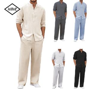 남성 가을 캐주얼 의상 단색 헨리넥 긴팔 상의와 밴딩 바지 긴팔 바지 셔츠 수트