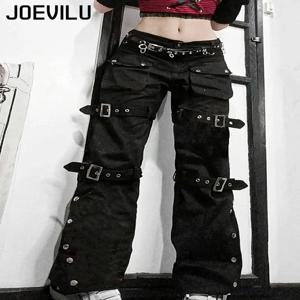 메탈 버튼 하이웨이스트 스트레이트 레그 진 드롭 크로치 트라우저 스트릿웨어 힙합 패션 Y2K 카고 데님 팬츠 (여성용)