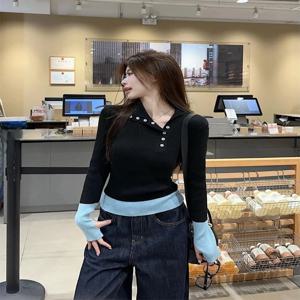 한국 스타일 스플라이스 컬러 디자인 칼라 여성 슬림핏 니트 스웨터 가을 겨울 패셔너블 이너웨어 베이스 레이어 탑