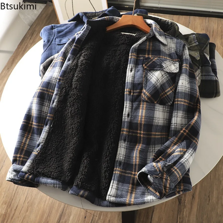 가을 겨울 남성 플리스 린넨 따뜻한 셔츠 재킷 두꺼운 긴팔 플란넬 체크 셔츠 빈티지 캐주얼 남성 셔츠 코트