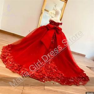 결혼식을위한 붉은 꽃의 소녀 드레스 푹신한 메쉬 베어 어깨 활 미인 대회 드레스 PrincessParty 생일 맞춤형