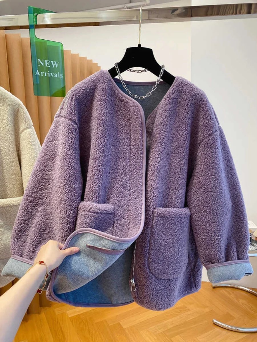 플러스 사이즈 여성용 퍼플 양털 재킷 두꺼운 루즈핏 캐주얼 패션 탑 하이웨이스트 A라인 스커트 겨울 코트 (빅사이즈 여성용)