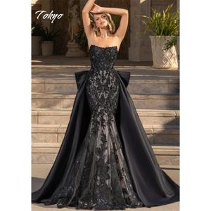 도쿄 맞춤형 블랙 스트랩리스 웨딩드레스 민소매 머메이드 백 지퍼 브라이덜 가운 우아한 탈부착 가능한 트레인 웨딩드레스