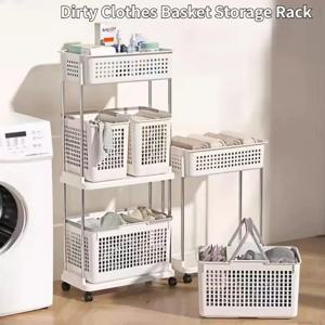 세탁 바구니 트롤리 플라스틱 더러운 옷 바구니 확장 및 높이 조절 쉬운 조립 통기성 세탁 이동식 보관 선반