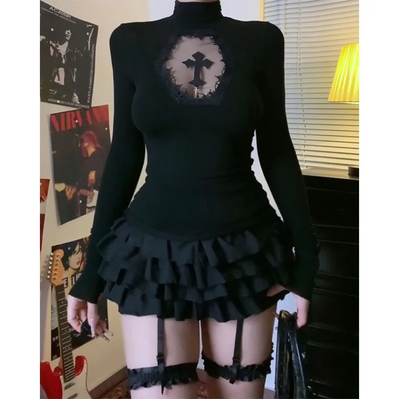 여성 터틀넥 고딕 다크 크로스 홀로우 아웃 티셔츠 긴팔 블랙 캐주얼 슬림 핏 풀오버 하라주쿠 시스루 Y2K 탑스